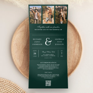 Invitation Trois Volets Mariage Code QR Collage Photo Vert Emeraude