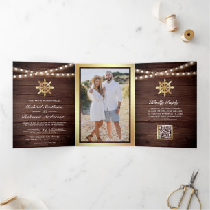 Invitation Trois Volets Mariage Code QR de la Roue de Bateau en Bois Doré