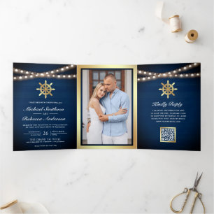 Invitation Trois Volets Mariage Code QR de la Roue de Navire en Or Naval