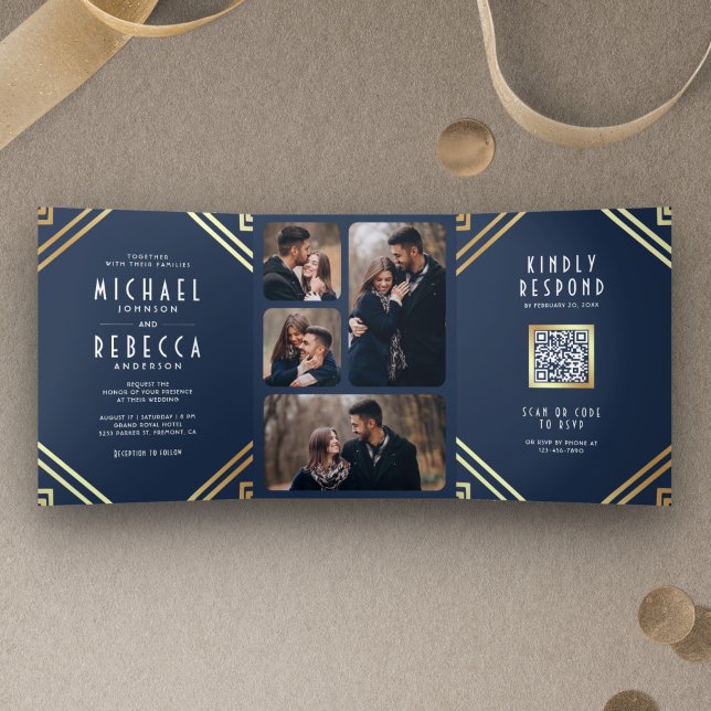 Invitation Trois Volets Mariage Code QR Déco Géométrique Bleu Nuit Or (Créateur téléchargé)