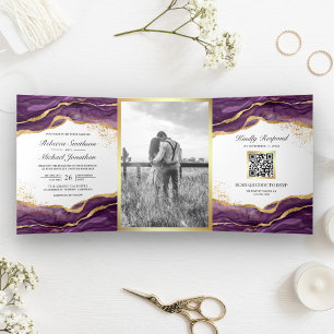 Invitation Trois Volets Mariage Code QR Encre Abstraite Or Violet
