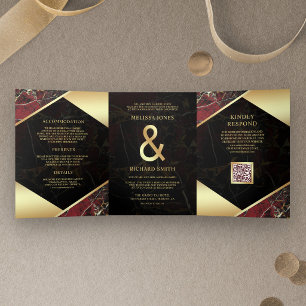 Invitation Trois Volets Mariage Code QR Esperluette Marbre Or Bourgogne