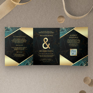 Invitation Trois Volets Mariage Code QR Esperluette Marbre Or Sarcelle