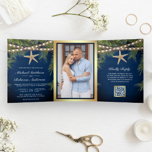 Invitation Trois Volets Mariage Code QR Étoile de Mer Feuilles de Palmier