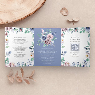 Invitation Trois Volets Mariage Code QR Floral Bleu Pervenche Poussiéreux