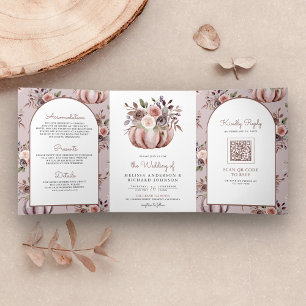 Invitation Trois Volets Mariage code QR floral citrouille neutre Bohème ru