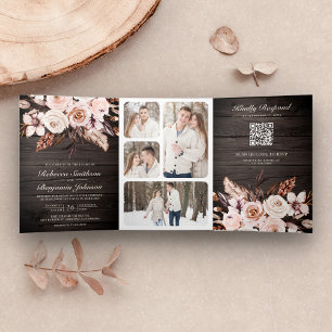 Invitation Trois Volets Mariage Code QR Floral Ivoire Rustique Bois Terreu