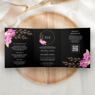 Invitation Trois Volets Mariage Code QR Floral Orchidée Rose Magenta Noir