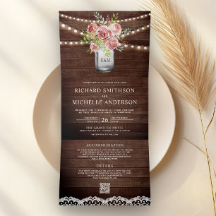 Invitation Trois Volets Mariage Code QR Floral Rose Cannelle Pot Mason