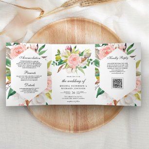Invitation Trois Volets Mariage Code QR Floral Rose Clair Magnolia Blanc