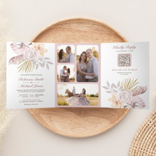 Invitation Trois Volets Mariage Code QR Floral Rose Poussiéreux Rustique