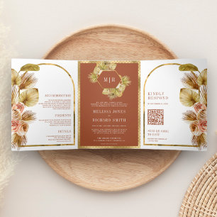 Invitation Trois Volets Mariage Code QR Floral Terracotta Bohème Palmier