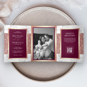 Invitation Trois Volets Mariage Code QR Magenta Or Rose Marbre Blanc