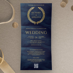 Invitation Trois Volets Mariage Code QR Minimal Laurier Or Bleu Marine