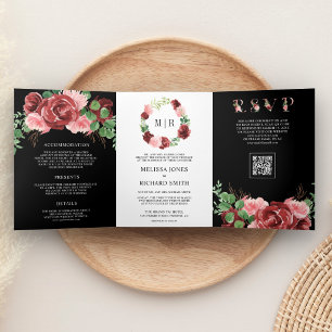 Invitation Trois Volets Mariage Code QR Noir Floral Bourgogne Rose Tendres