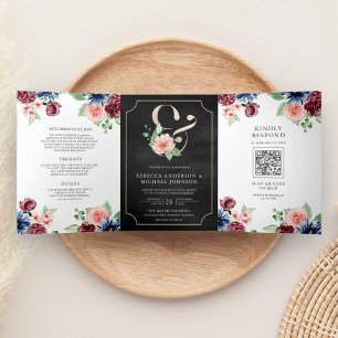 Invitation Trois Volets Mariage Code QR Noir Floral Burgundy Navy Blush