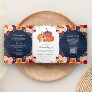 Invitation Trois Volets Mariage Code QR Orange Brûlé Citrouille Bleu Nuit