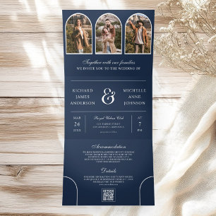 Invitation Trois Volets Mariage Code QR Photo Arch Minimal Bleu Marine