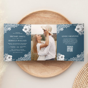 Invitation Trois Volets Mariage Code QR Photo Broderie Florale Bleu Poussi