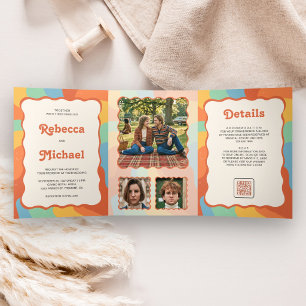 Invitation Trois Volets Mariage Code QR Photo Coloré Groovy Rétro 70