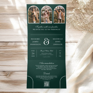 Invitation Trois Volets Mariage Code QR Photo d'Arche Minimaliste Vert Éme