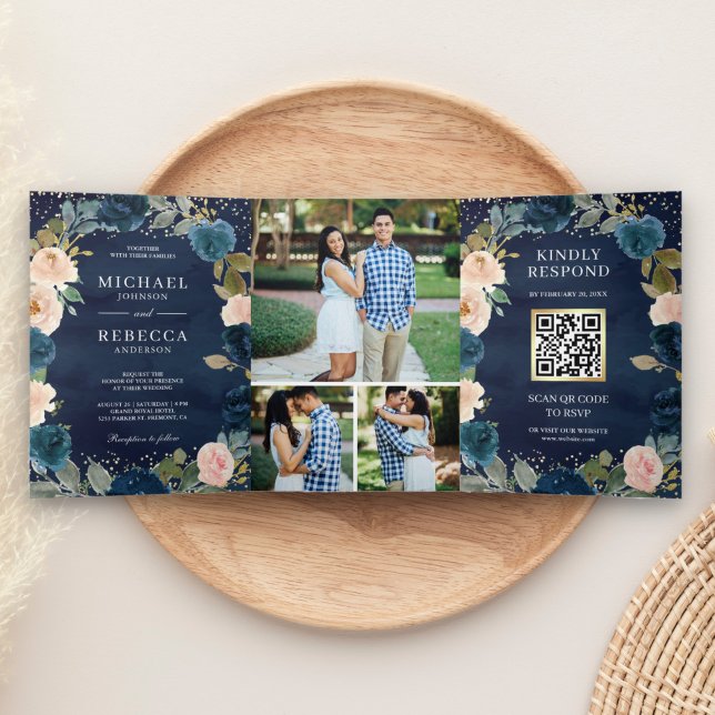 Invitation Trois Volets Mariage Code QR Photo Floral Bleu Nuit et Pêche (Créateur téléchargé)