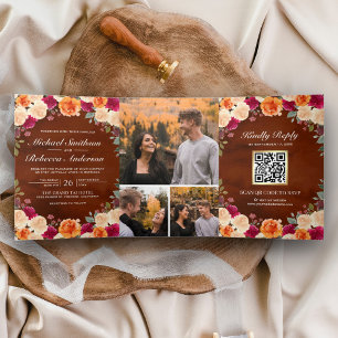 Invitation Trois Volets Mariage code QR photo floral Bourgogne terre cuite