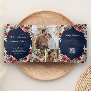 Invitation Trois Volets Mariage Code QR Photo Floral Marsala Bleu Marine