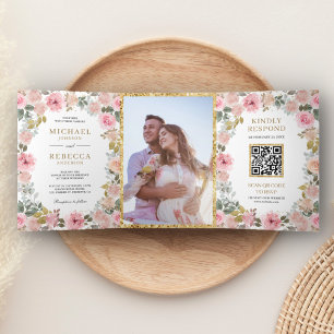 Invitation Trois Volets Mariage Code QR Photo Floral Rose et Or Rustique