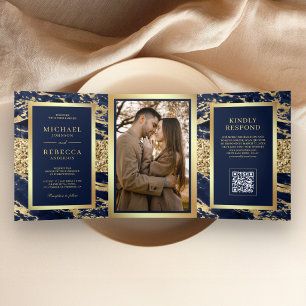 Invitation Trois Volets Mariage Code QR Photo Marbre Bleu Marine Or