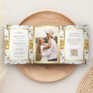 Invitation Trois Volets Mariage Code QR Photo Marbre Or Blanc
