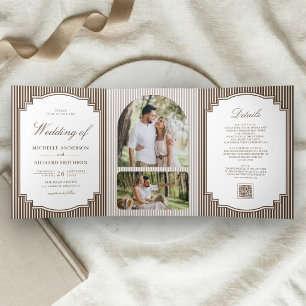 Invitation Trois Volets Mariage Code QR Photo Rayé Brun Chocolat