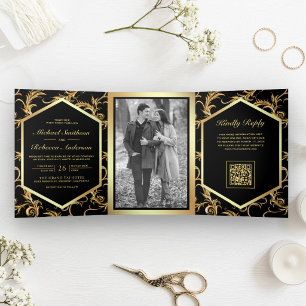 Invitation Trois Volets Mariage Code QR Photo Tourbillon Flourissant Farin