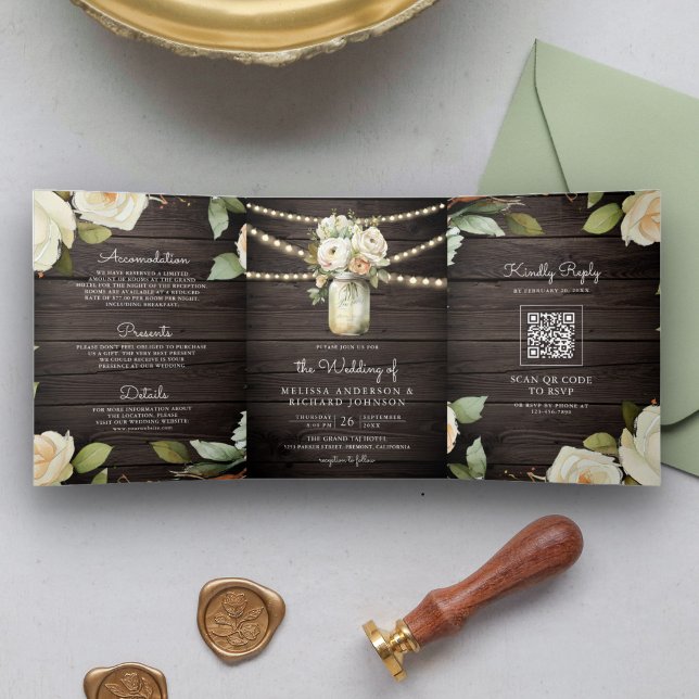 Invitation Trois Volets Mariage Code QR Pot Mason Roses Blanches Bois Rust (Créateur téléchargé)