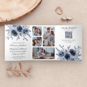 Invitation Trois Volets Mariage Code QR Tout en Un Fleurs Bleu Poussiéreux