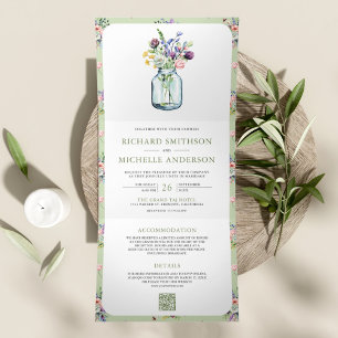 Invitation Trois Volets Mariage Code QR Tout en Un Pot Mason Fleur Sauvage