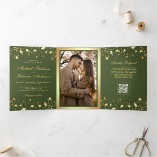 Invitation Trois Volets Mariage Code QR Vert Olive Confettis Étoiles Dorée