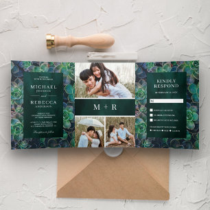 Invitation Trois Volets Mariage Collage Photo de Succulentes Vert Émeraude