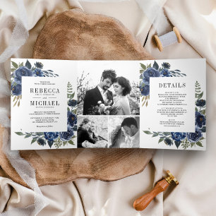Invitation Trois Volets Mariage Collage Photo Floral Bleu Marine Rustique