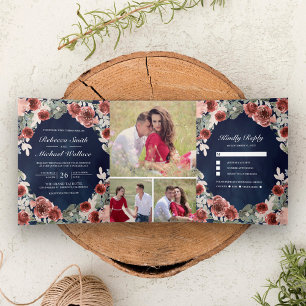 Invitation Trois Volets Mariage Collage Photo Floral Marsala Bleu Marine