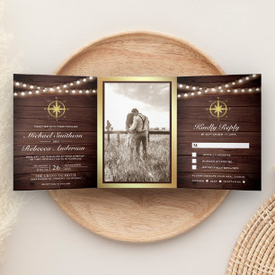 Invitation Trois Volets Mariage compas nautique en bois rustique or
