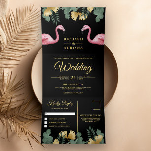 Invitation Trois Volets Mariage Couple Flamant Rose Or Noir Palmier Tropic