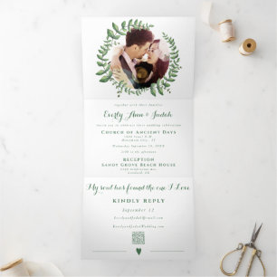 Invitation Trois Volets Mariage Couronne de Feuilles Vertes de Menthe Cend