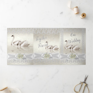 Invitation Trois Volets Mariage Cygnes Blancs Crème Dentelle Damassé 3