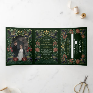 Invitation Trois Volets Mariage Dahlia Muflier Corbeau Gothique Enchanté