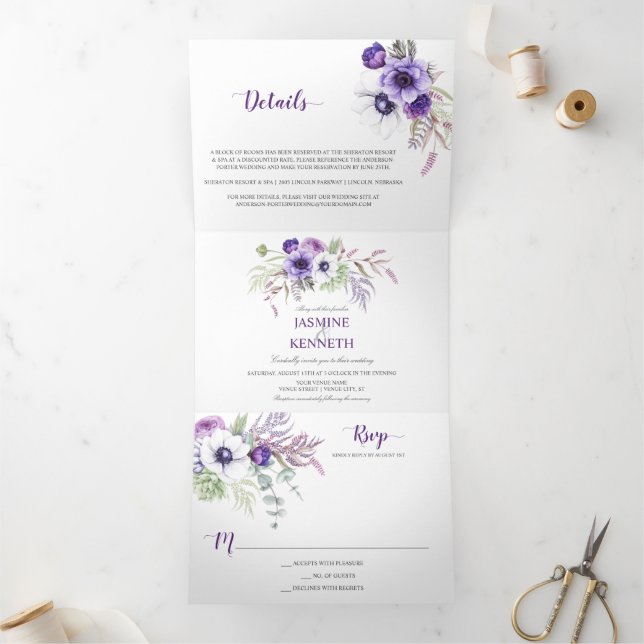 Invitation Trois Volets Mariage d'aquarelle blanc de lavande violet (Intérieur)
