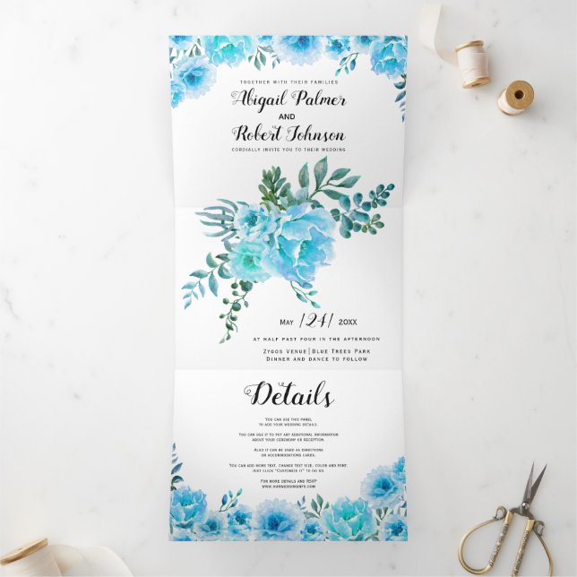 Invitation Trois Volets Mariage d'aquarelle bleu cactus fleurs (Intérieur)