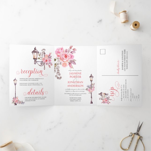 Invitation Trois Volets Mariage d'aquarelle rose inspirée de Paris (Intérieur)