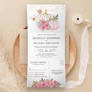 Invitation Trois Volets Mariage de automne de Citrouille blanc rose rustiq
