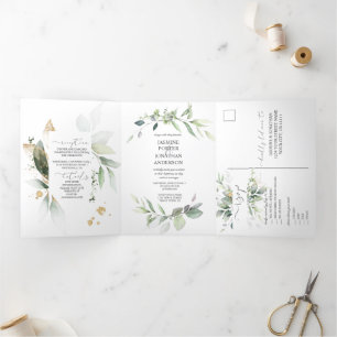 Invitation Trois Volets Mariage de Botanique Feuille vert et or